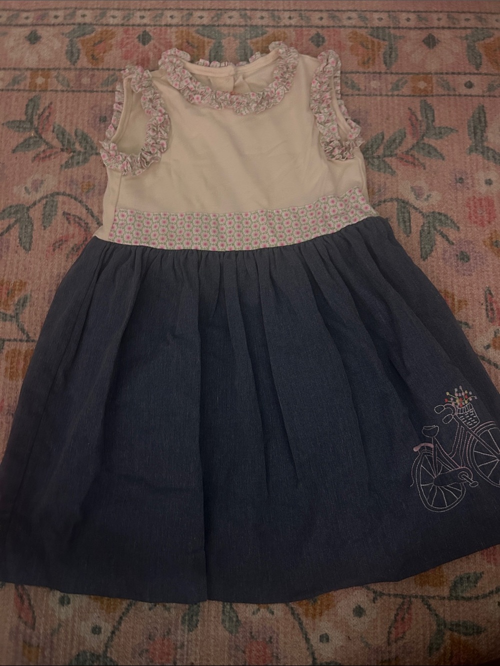Toddler Cream & Navy Ruffle Waistband Dress